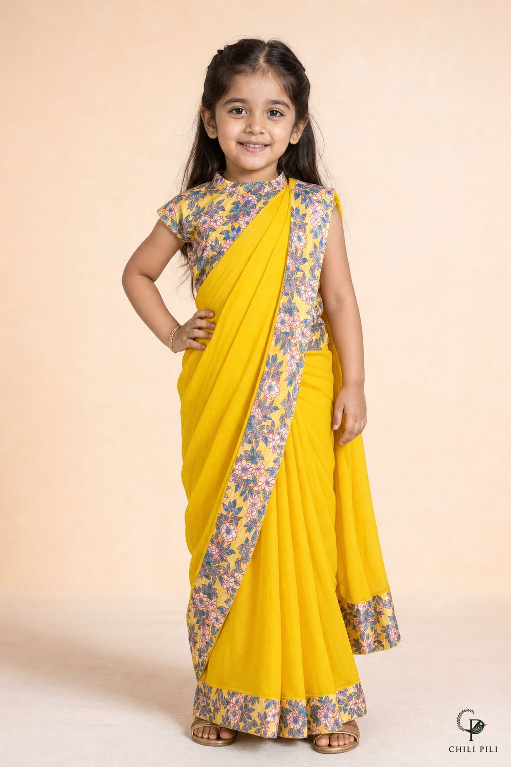Girls Aditi Dola Silk Saree Set Yellow - front view