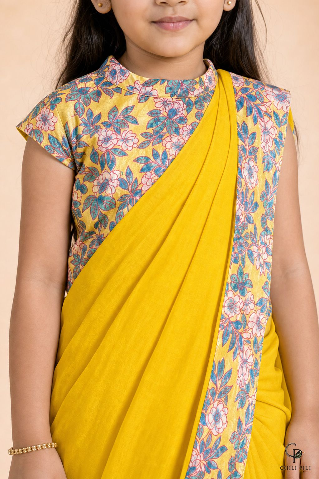 Girls Aditi Dola Silk Saree Set Yellow - close-up detail of top