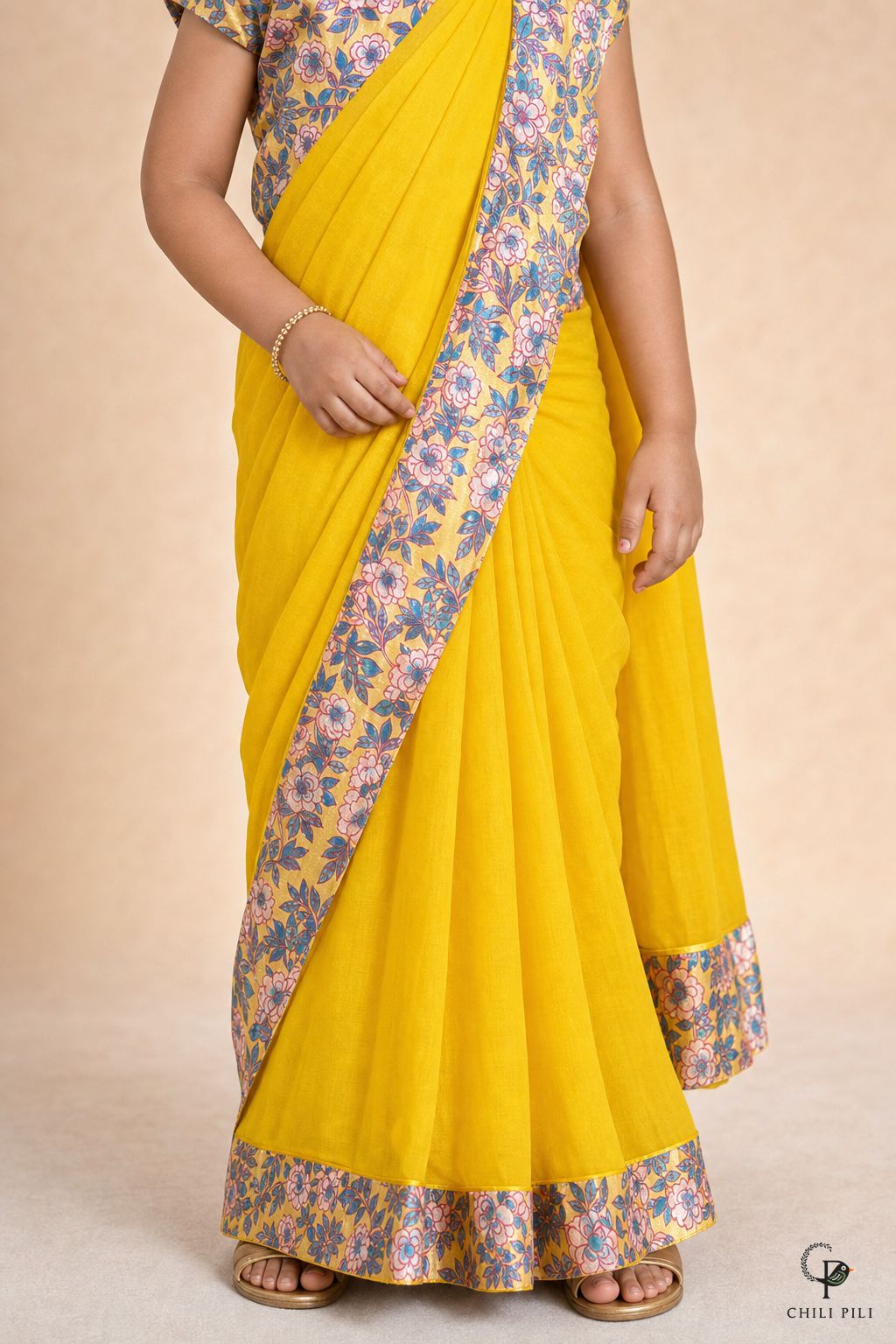 Girls Aditi Dola Silk Saree Set Yellow - close-up detail of bottom