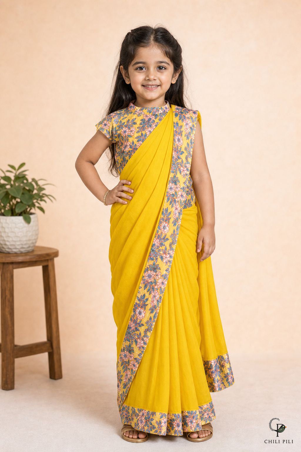 Girls Aditi Dola Silk Saree Set Yellow - festive lifestyle shot