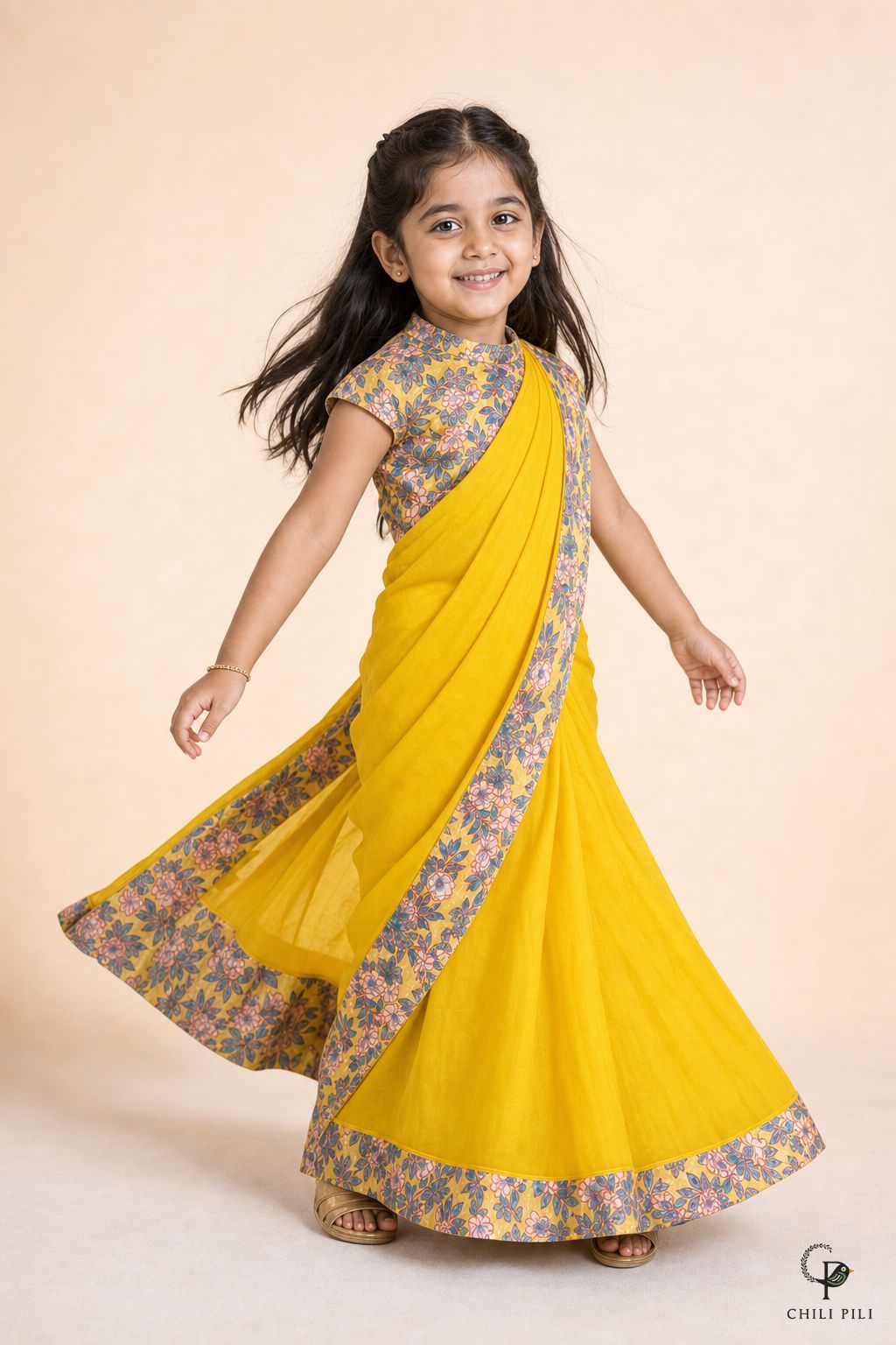 Girls Aditi Dola Silk Saree Set Yellow - lifestyle movement shot