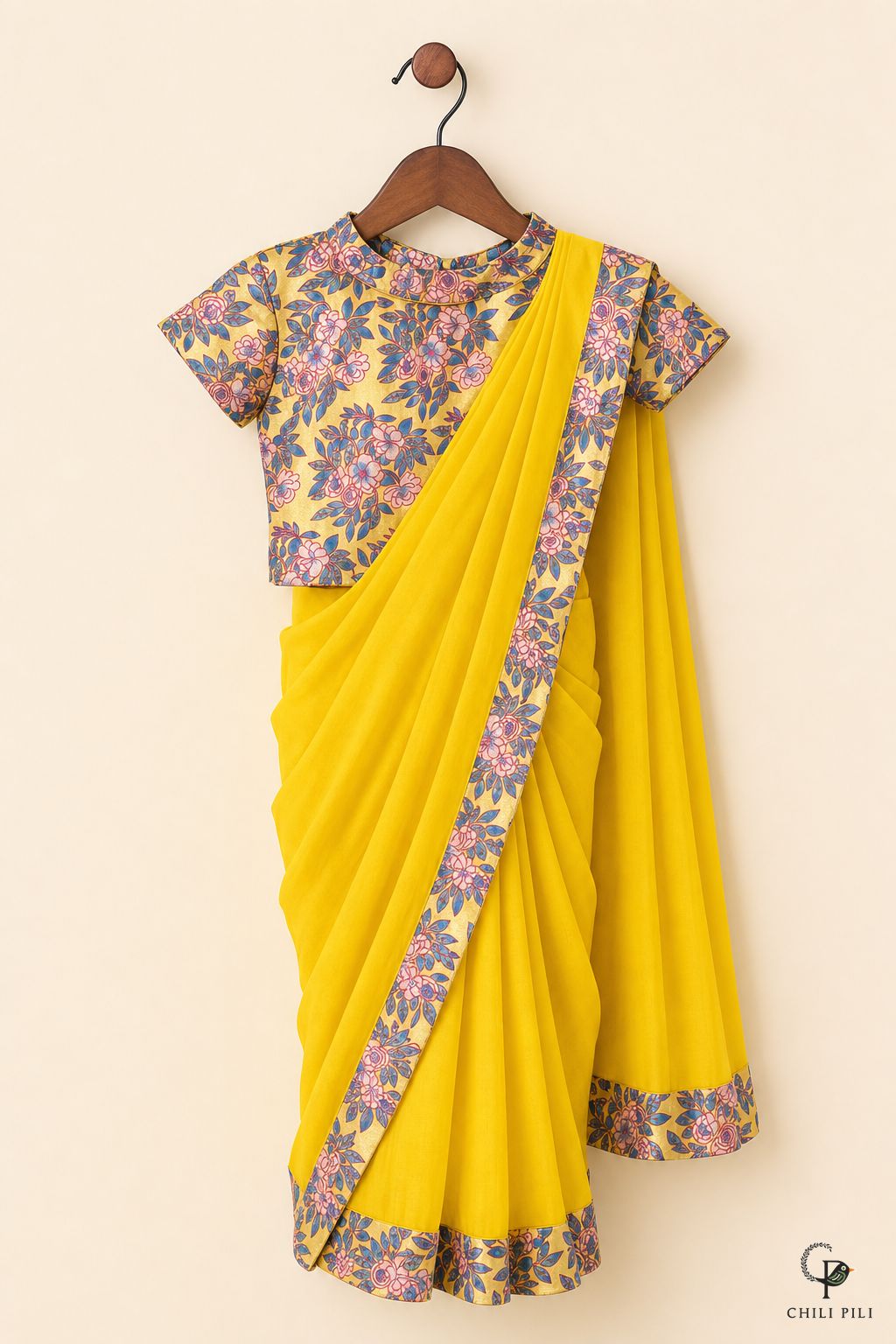 Girls Aditi Dola Silk Saree Set Yellow - full set on hanger