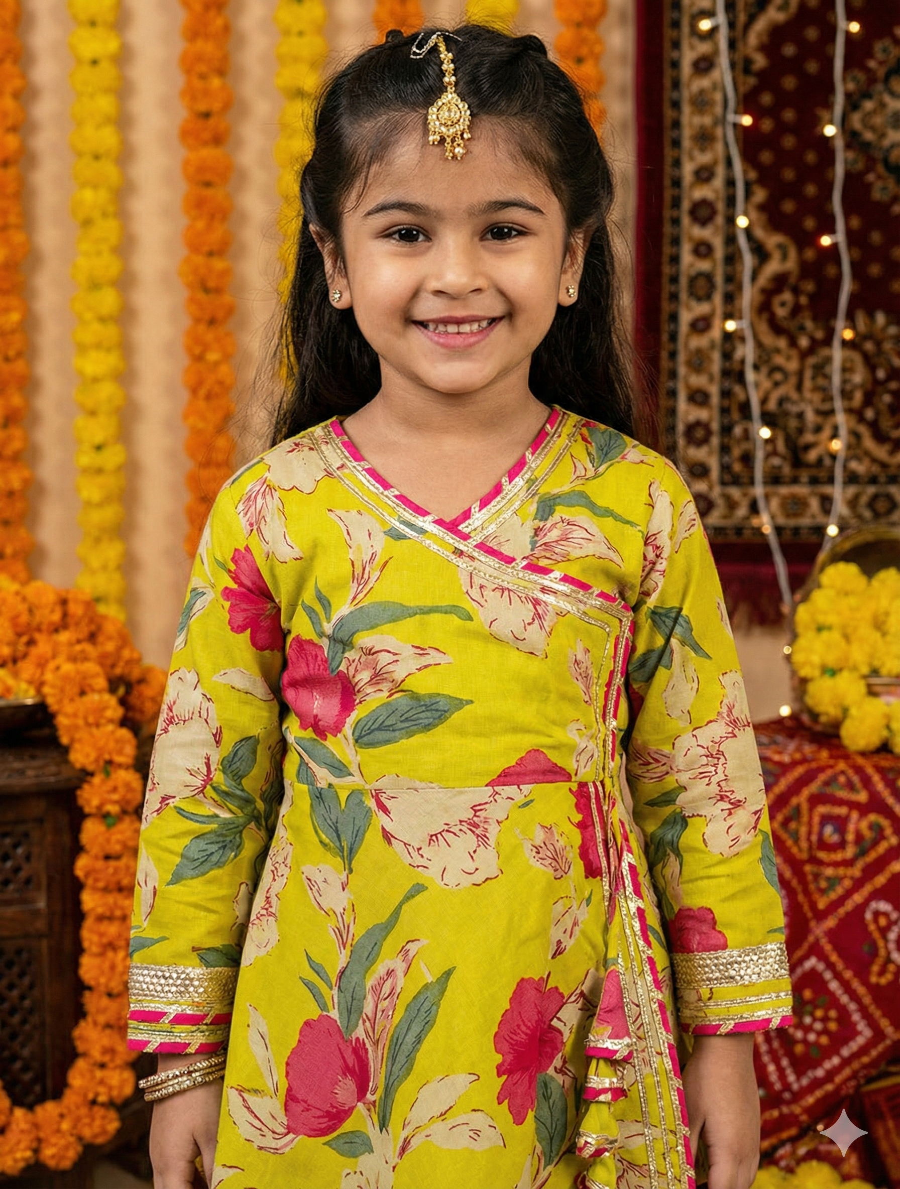 Girls Floral Angrakha Lehenga Set Yellow - close-up detail of angrakha top