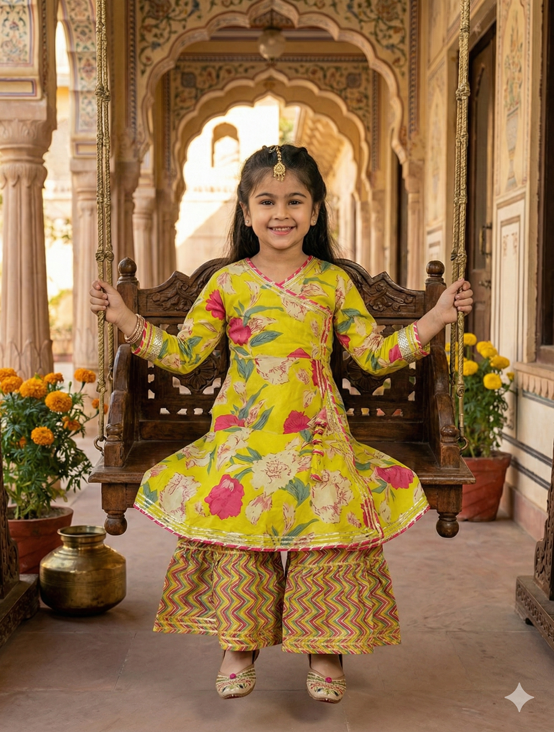 Girls Floral Angrakha Lehenga Set Yellow - festive lifestyle shot
