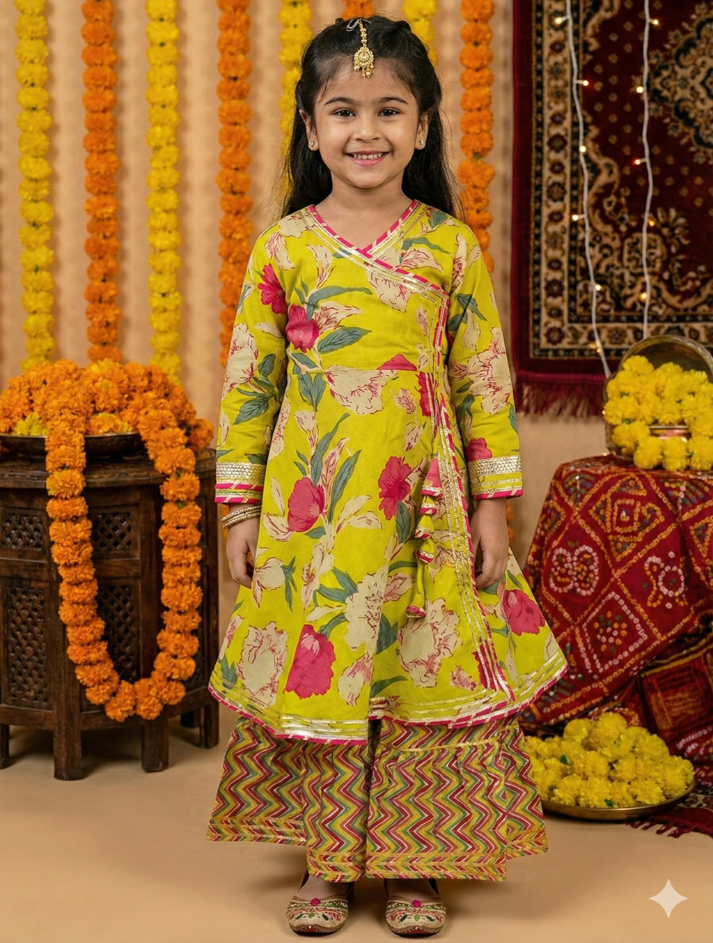 Girls Floral Angrakha Lehenga Set Yellow - front view