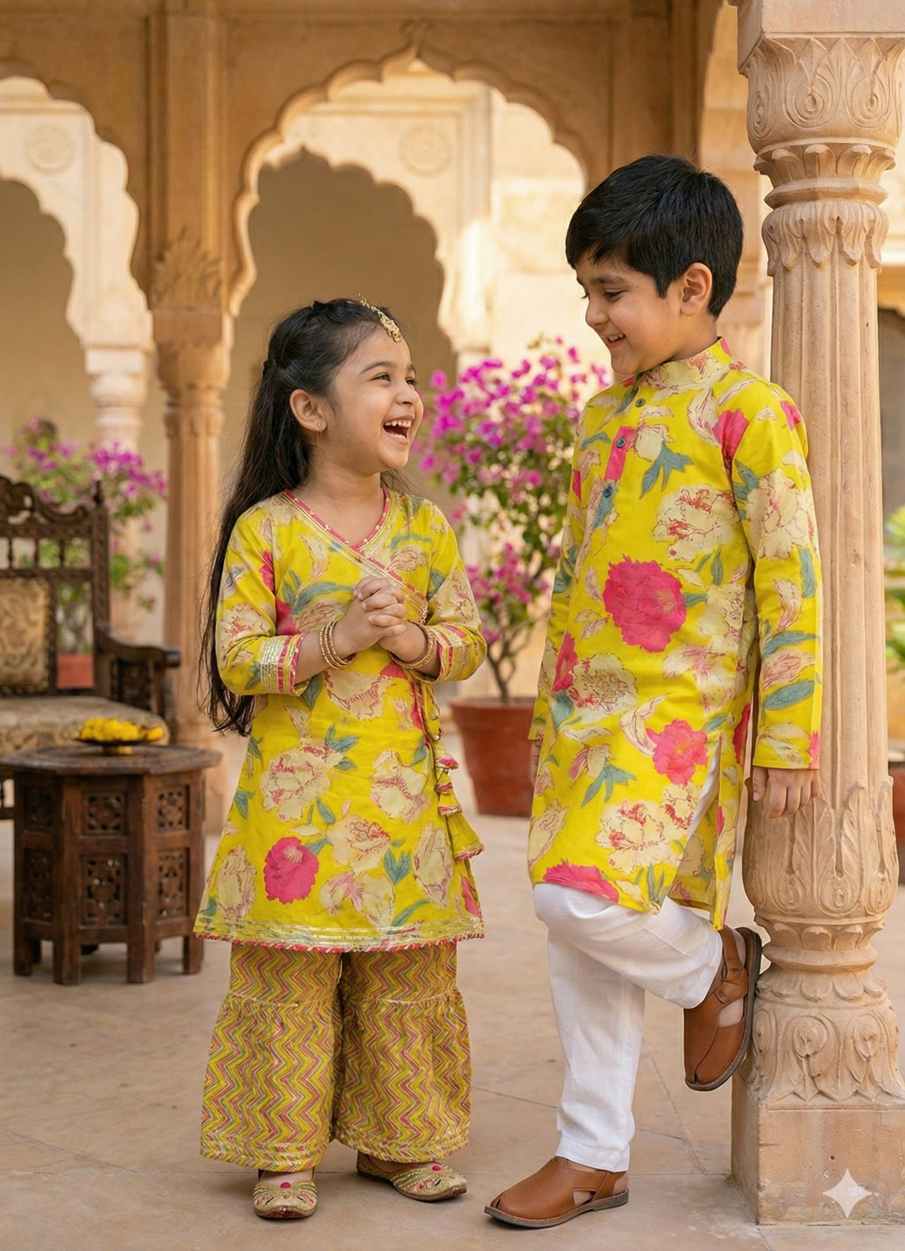 Girls Floral Angrakha Lehenga Set Yellow - lifestyle candid shot