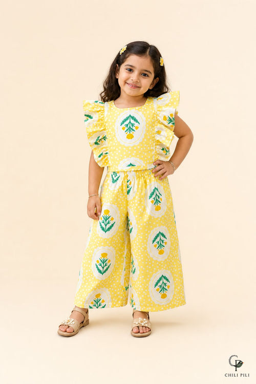 Girls Buti Printed Ruffle Palazzo Co-ord Set Yellow - front view