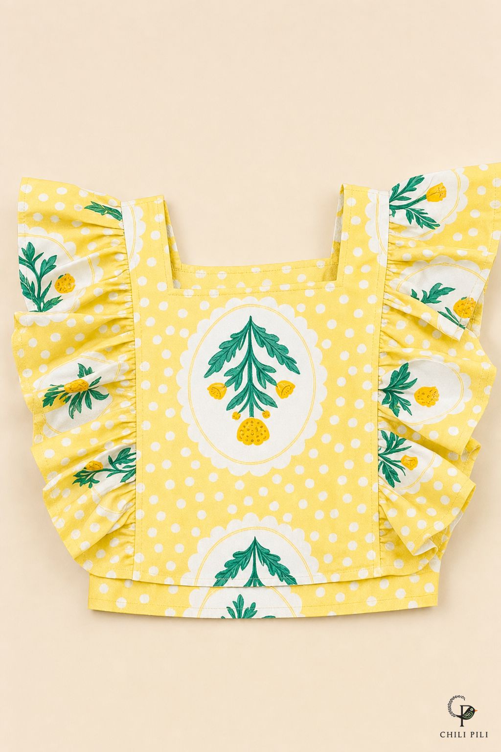 Girls Buti Printed Ruffle Palazzo Co-ord Set Yellow - close-up detail of top