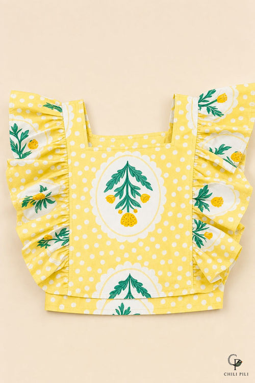 Girls Buti Printed Ruffle Palazzo Co-ord Set Yellow - close-up detail of top