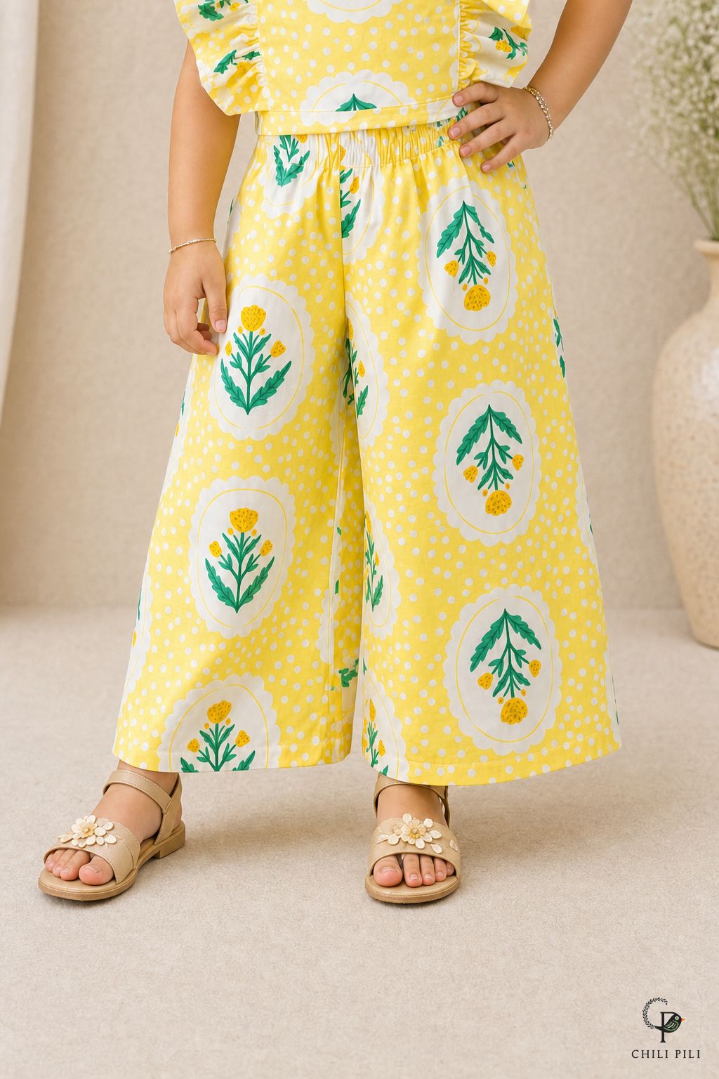 Girls Buti Printed Ruffle Palazzo Co-ord Set Yellow - close-up detail of bottom