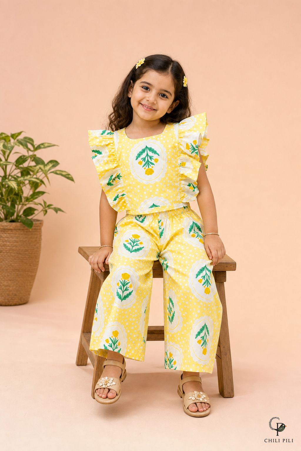 Girls Buti Printed Ruffle Palazzo Co-ord Set Yellow - festive lifestyle shot