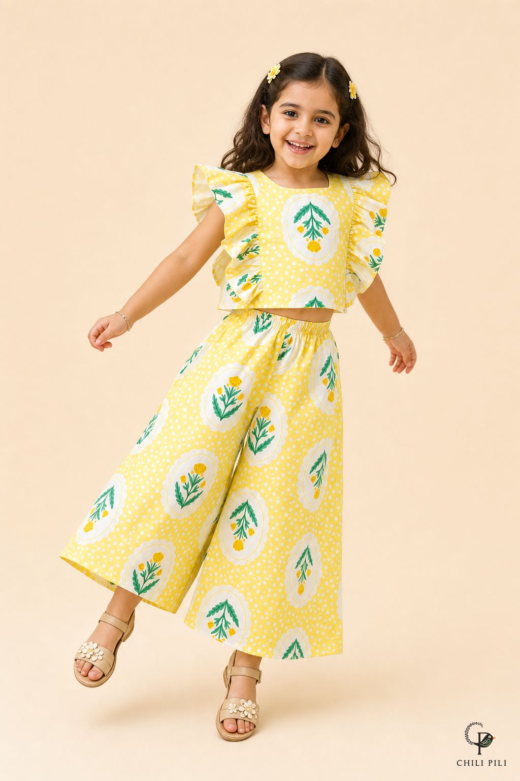 Girls Buti Printed Ruffle Palazzo Co-ord Set Yellow - lifestyle movement shot