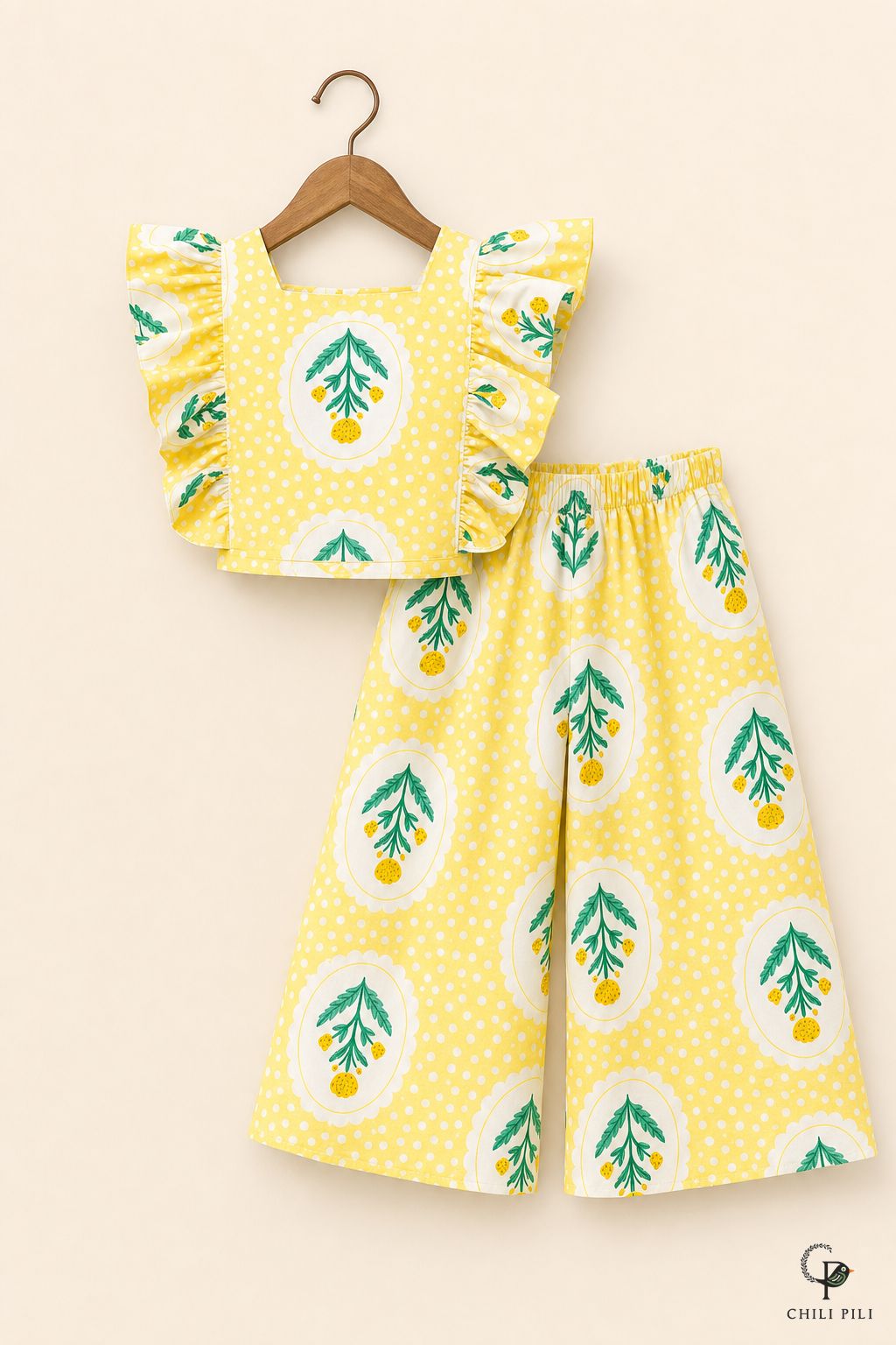 Girls Buti Printed Ruffle Palazzo Co-ord Set Yellow - full set on hanger