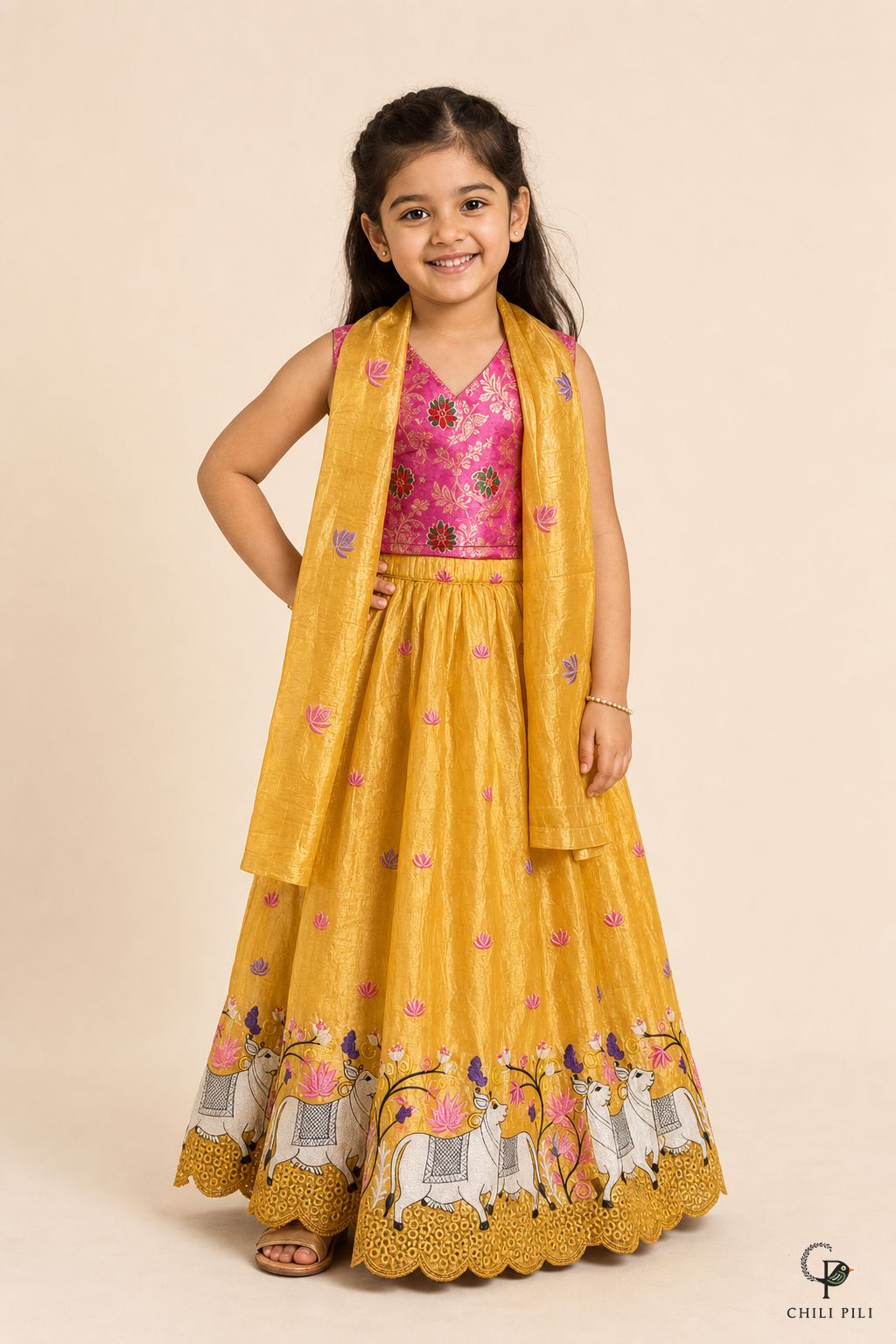 Girls Gold Crush Pichwai Lehenga Choli Yellow - front view