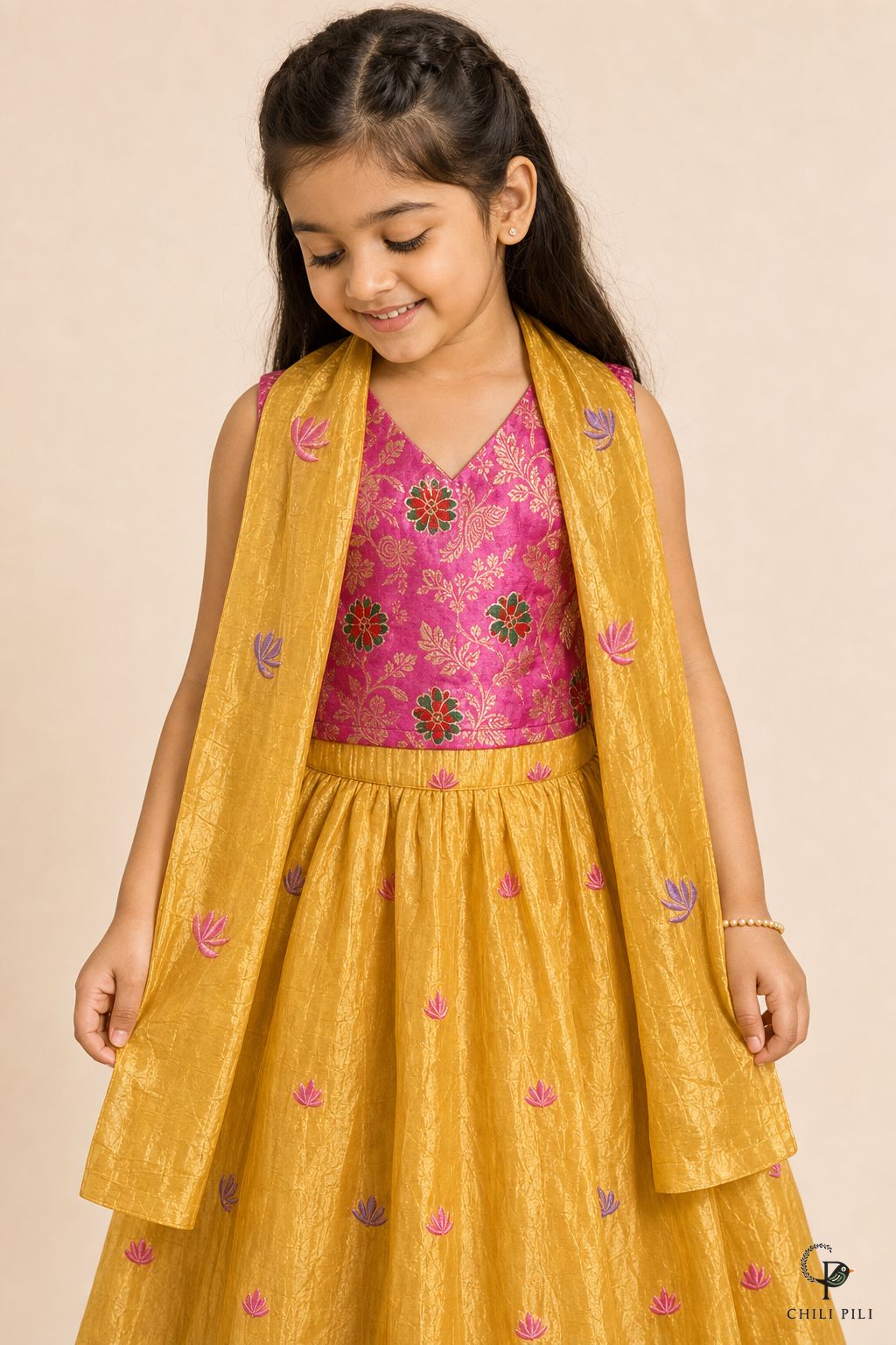 Girls Gold Crush Pichwai Lehenga Choli Yellow - close-up detail of top