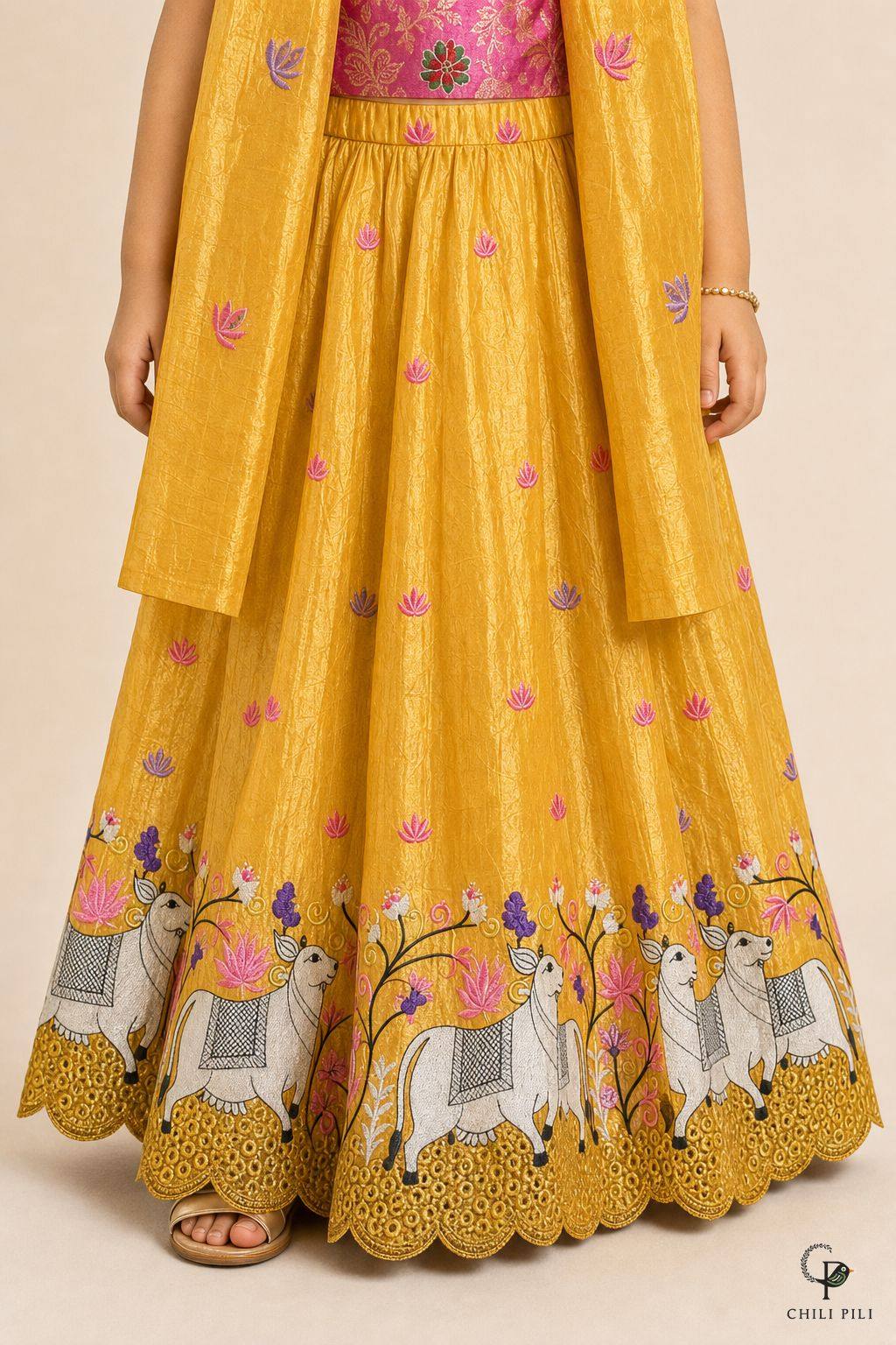 Girls Gold Crush Pichwai Lehenga Choli Yellow - close-up detail of bottom