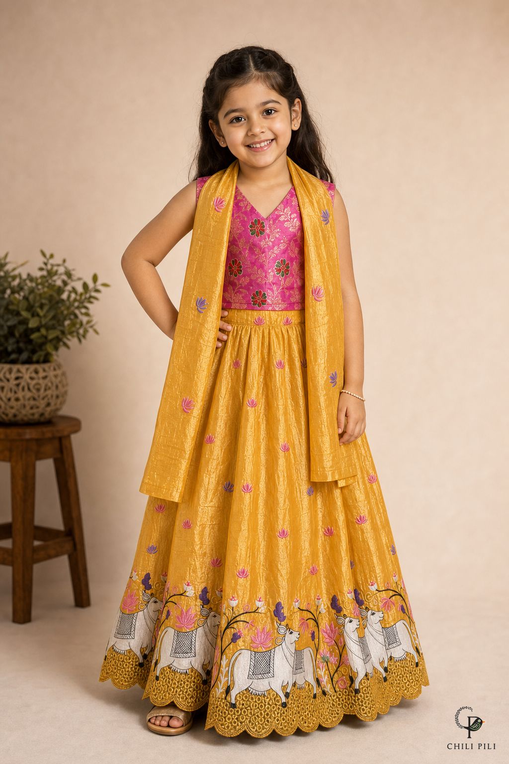 Girls Gold Crush Pichwai Lehenga Choli Yellow - festive lifestyle shot
