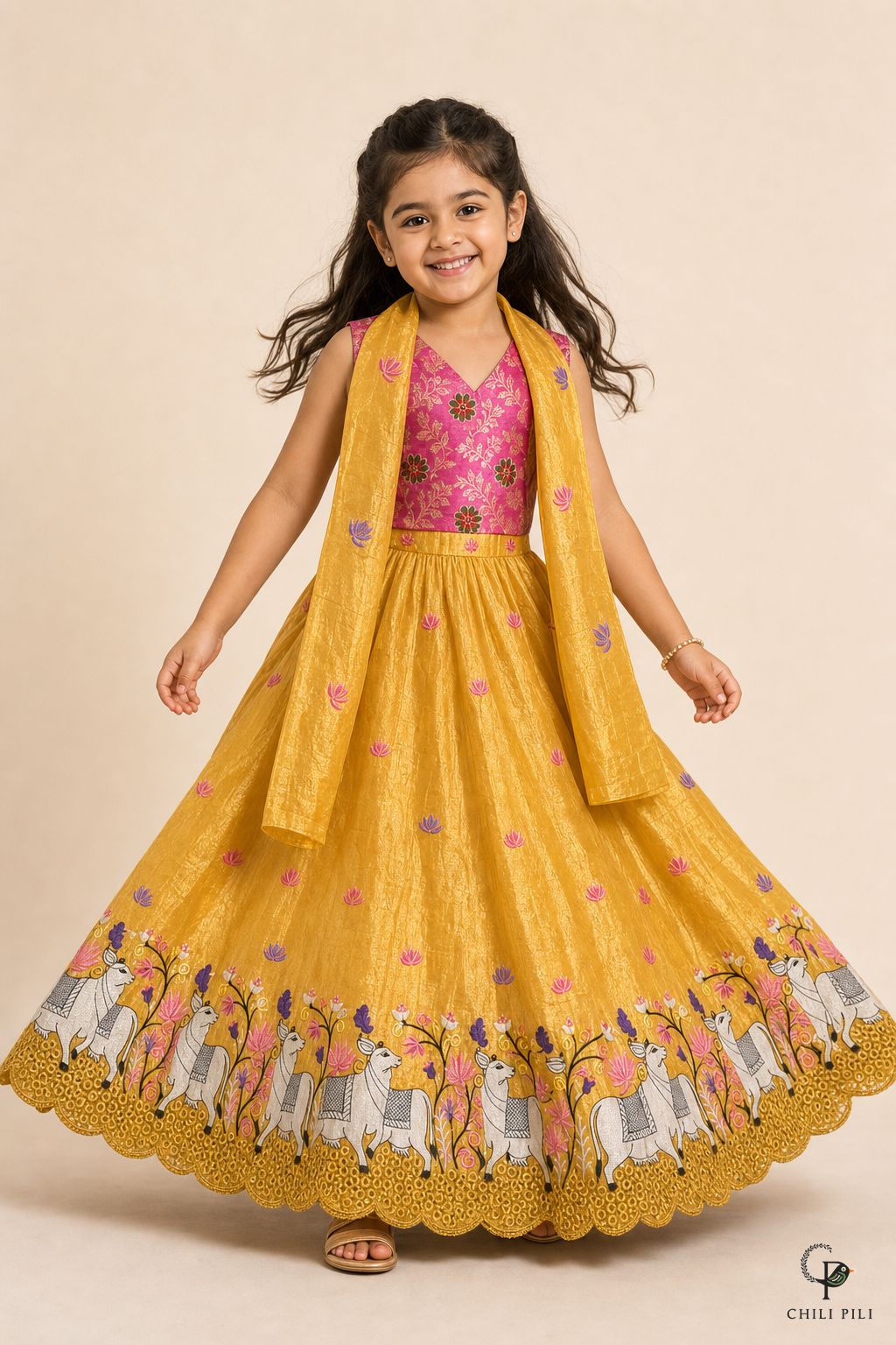 Girls Gold Crush Pichwai Lehenga Choli Yellow - lifestyle movement shot