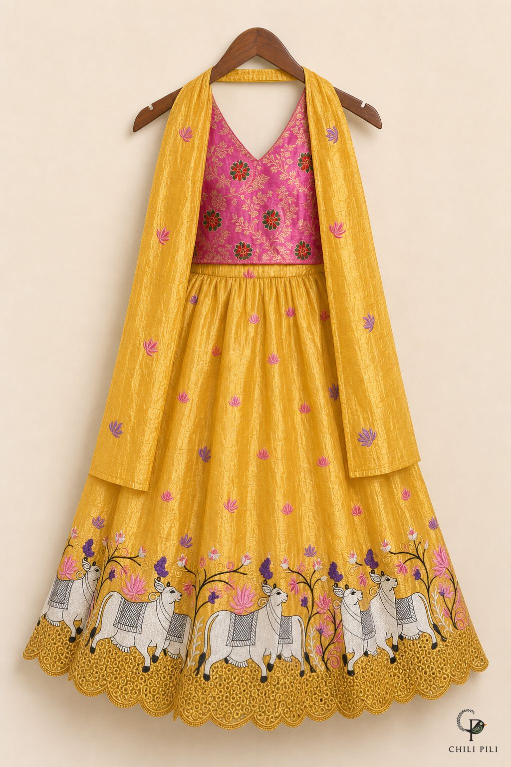 Girls Gold Crush Pichwai Lehenga Choli Yellow - full set on hanger