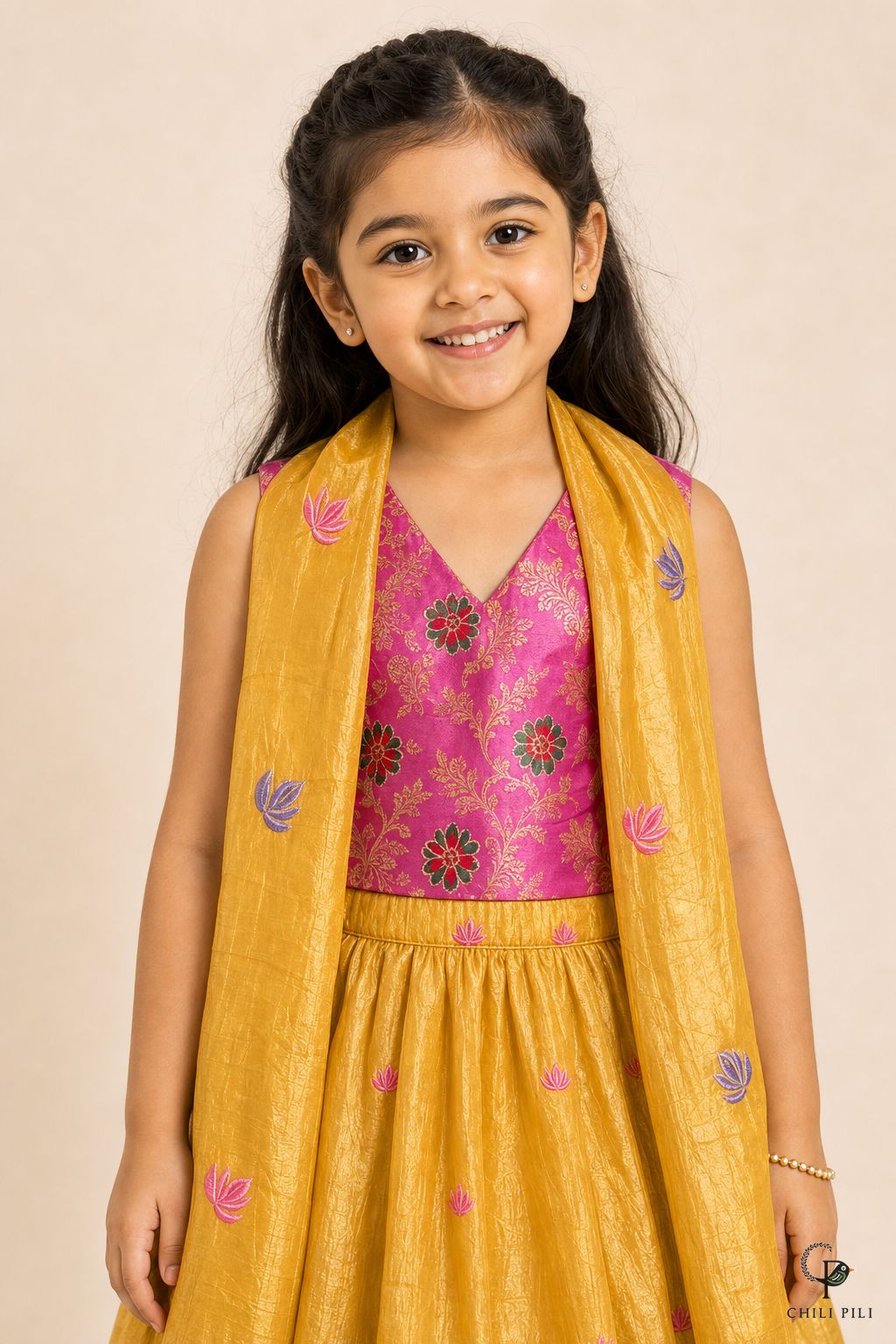 Girls Gold Crush Pichwai Lehenga Choli Yellow - how the pre-stitched dupatta is worn