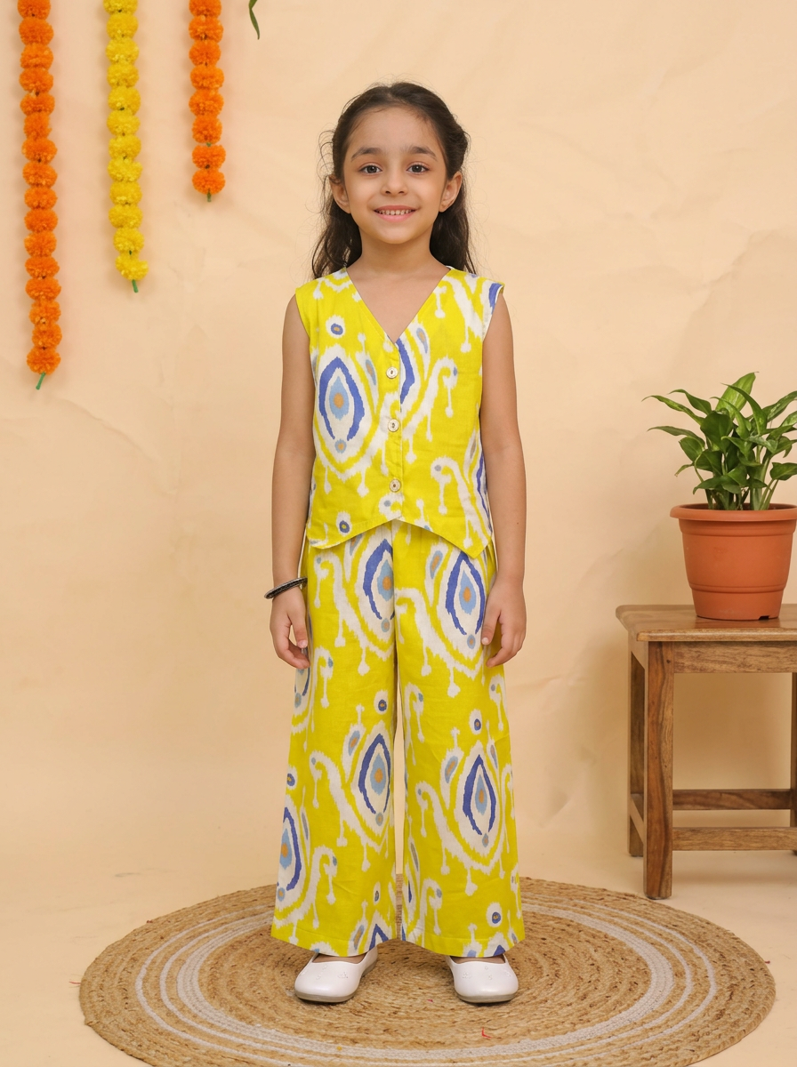 Girls Ikat Printed Vest Palazzo Set Yellow - front view