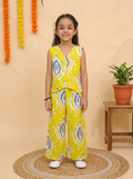 Girls Ikat Printed Vest Palazzo Set Yellow - front view