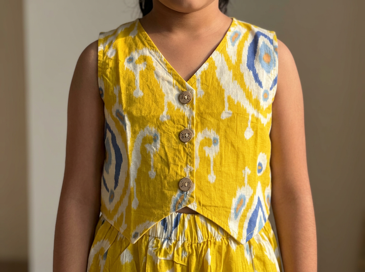 Girls Ikat Printed Vest Palazzo Set Yellow - close-up detail of vest top
