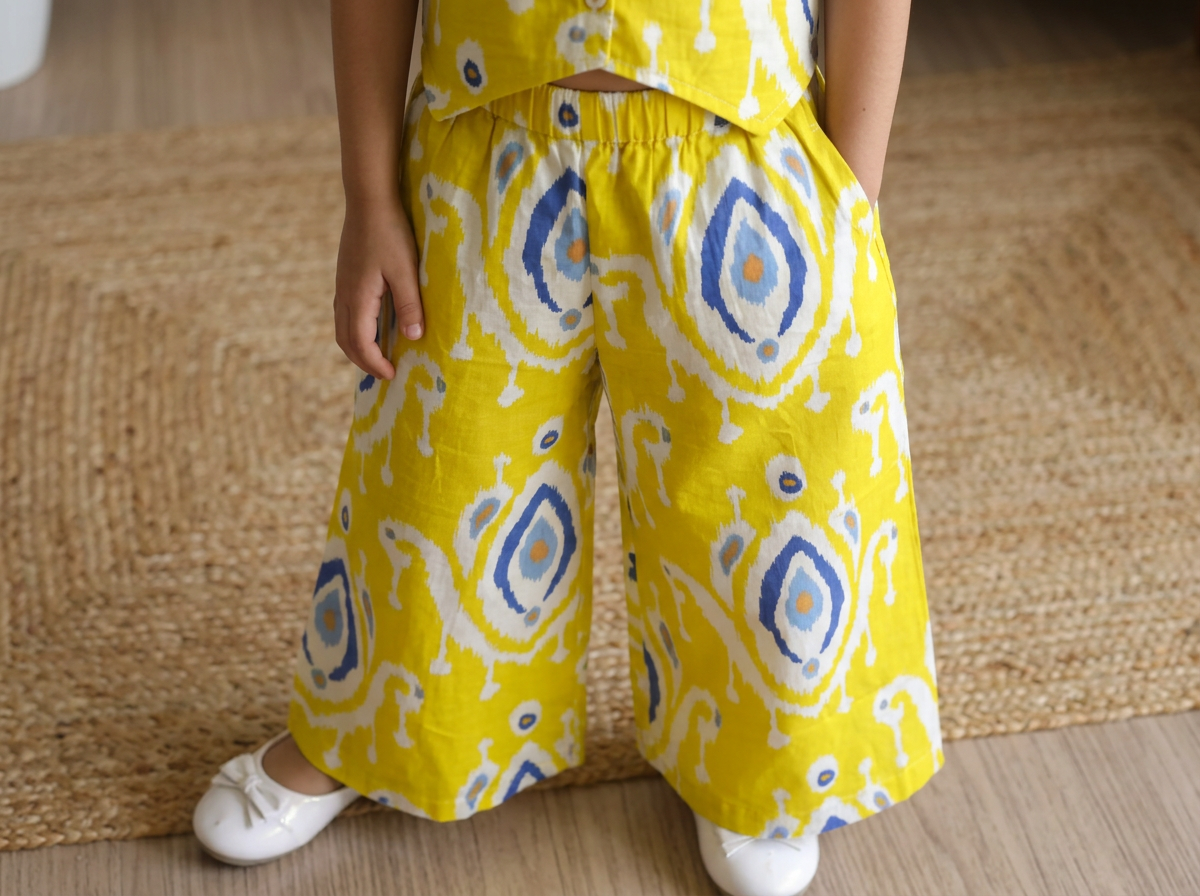 Girls Ikat Printed Vest Palazzo Set Yellow - close-up detail of palazzo