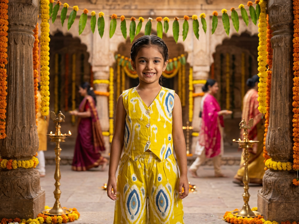 Girls Ikat Printed Vest Palazzo Set Yellow - festive lifestyle shot