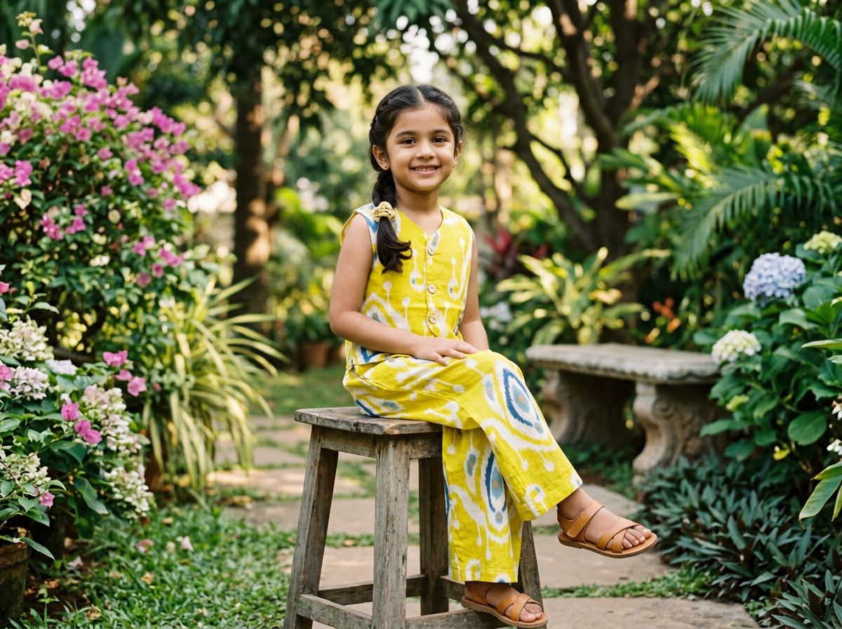 Girls Ikat Printed Vest Palazzo Set Yellow - lifestyle outdoor shot