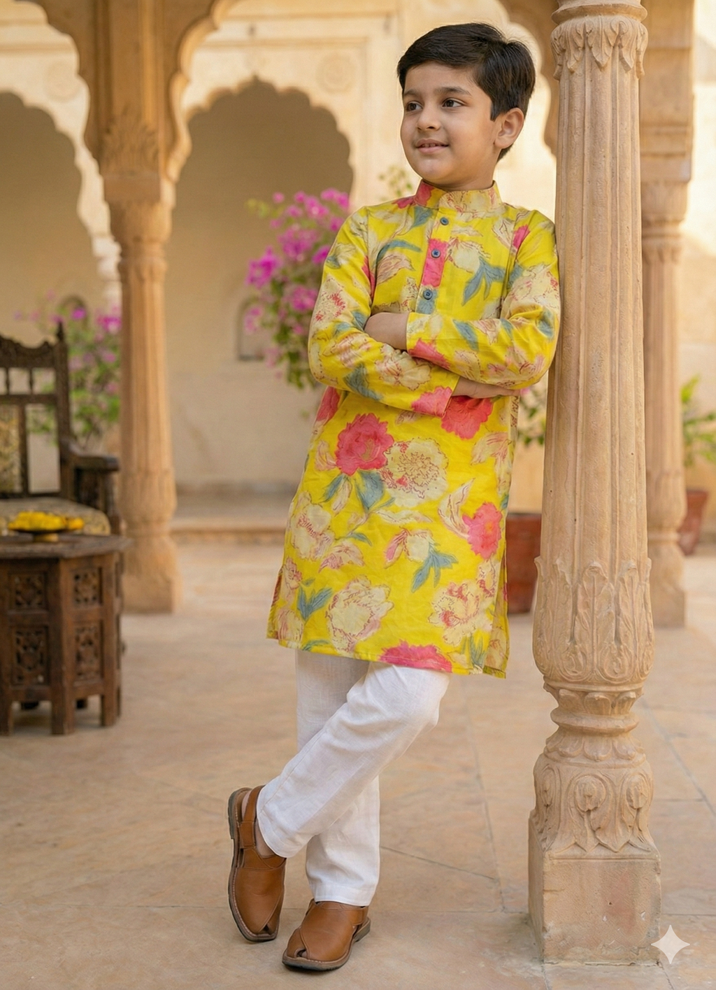 Boys Floral Printed Kurta Pajama Set Yellow - lifestyle casual shot