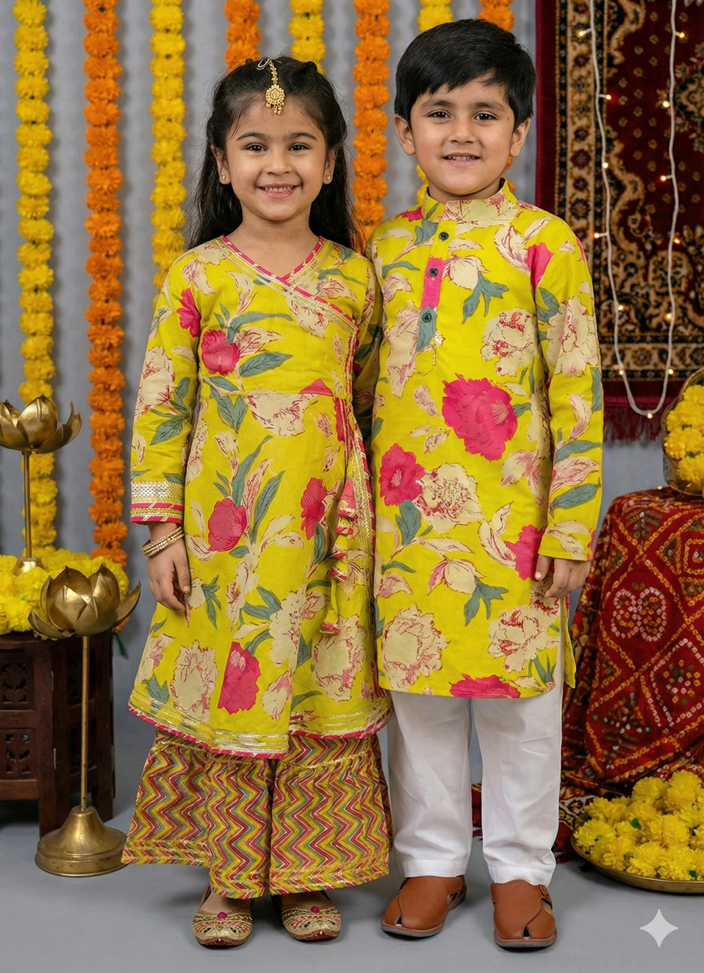 Boys Floral Printed Kurta Pajama Set Yellow - sibling set lifestyle shot