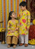 Boys Floral Printed Kurta Pajama Set Yellow - festive lifestyle shot