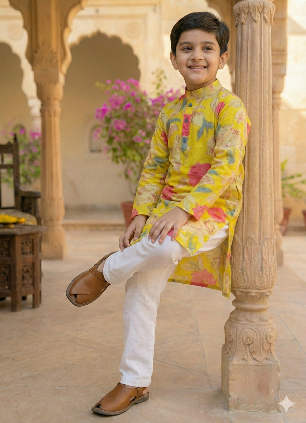 Boys Floral Printed Kurta Pajama Set Yellow - front view