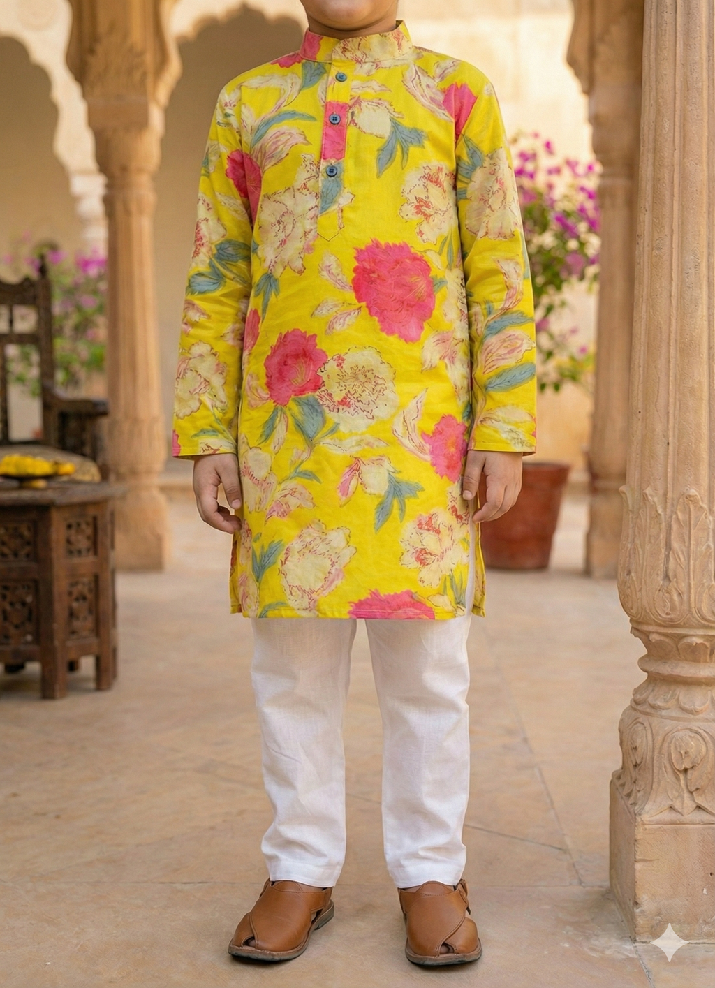 Boys Floral Printed Kurta Pajama Set Yellow - close-up detail of kurta
