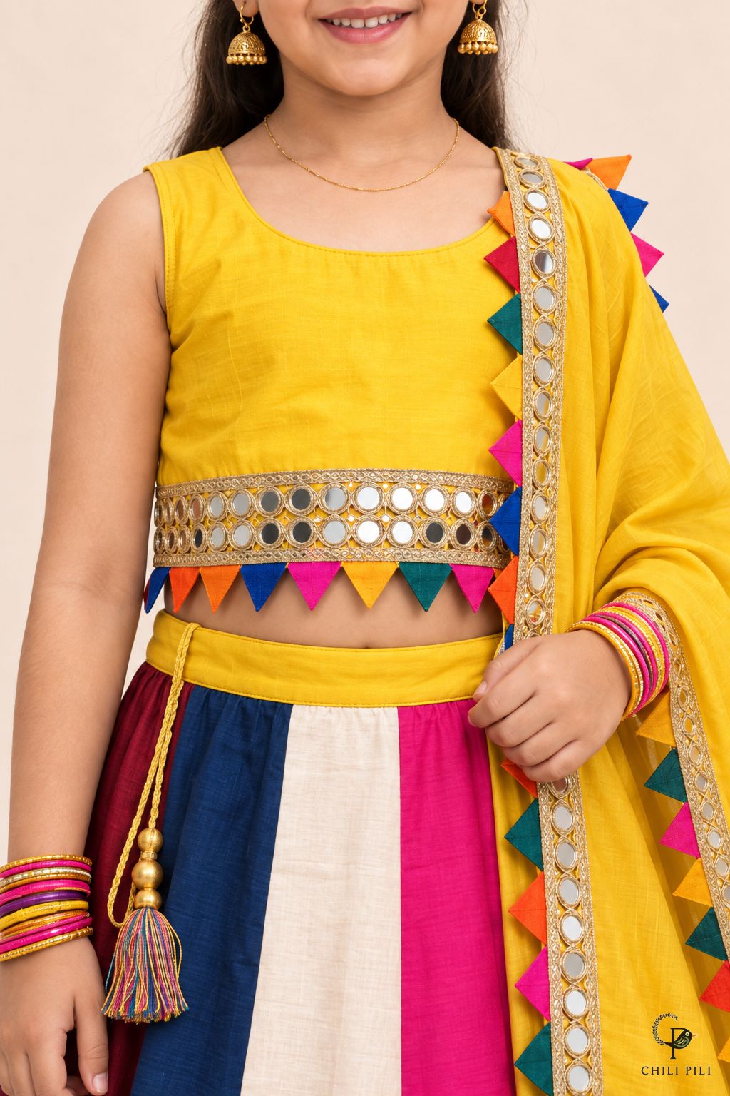 Girls Multicolour Panel Lehenga Choli Yellow - close-up detail of top