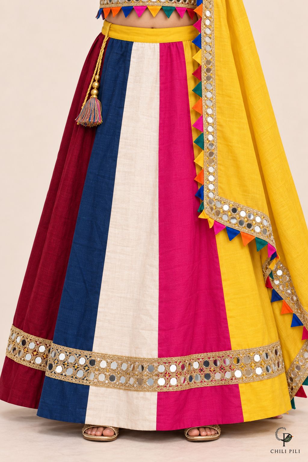 Girls Multicolour Panel Lehenga Choli Yellow - close-up detail of skirt border