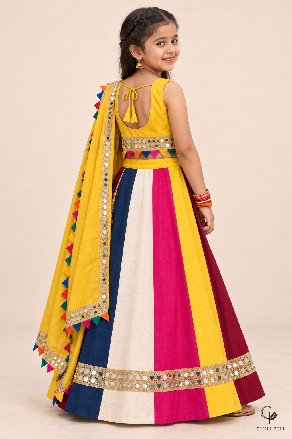 Girls Multicolour Panel Lehenga Choli Yellow - back view