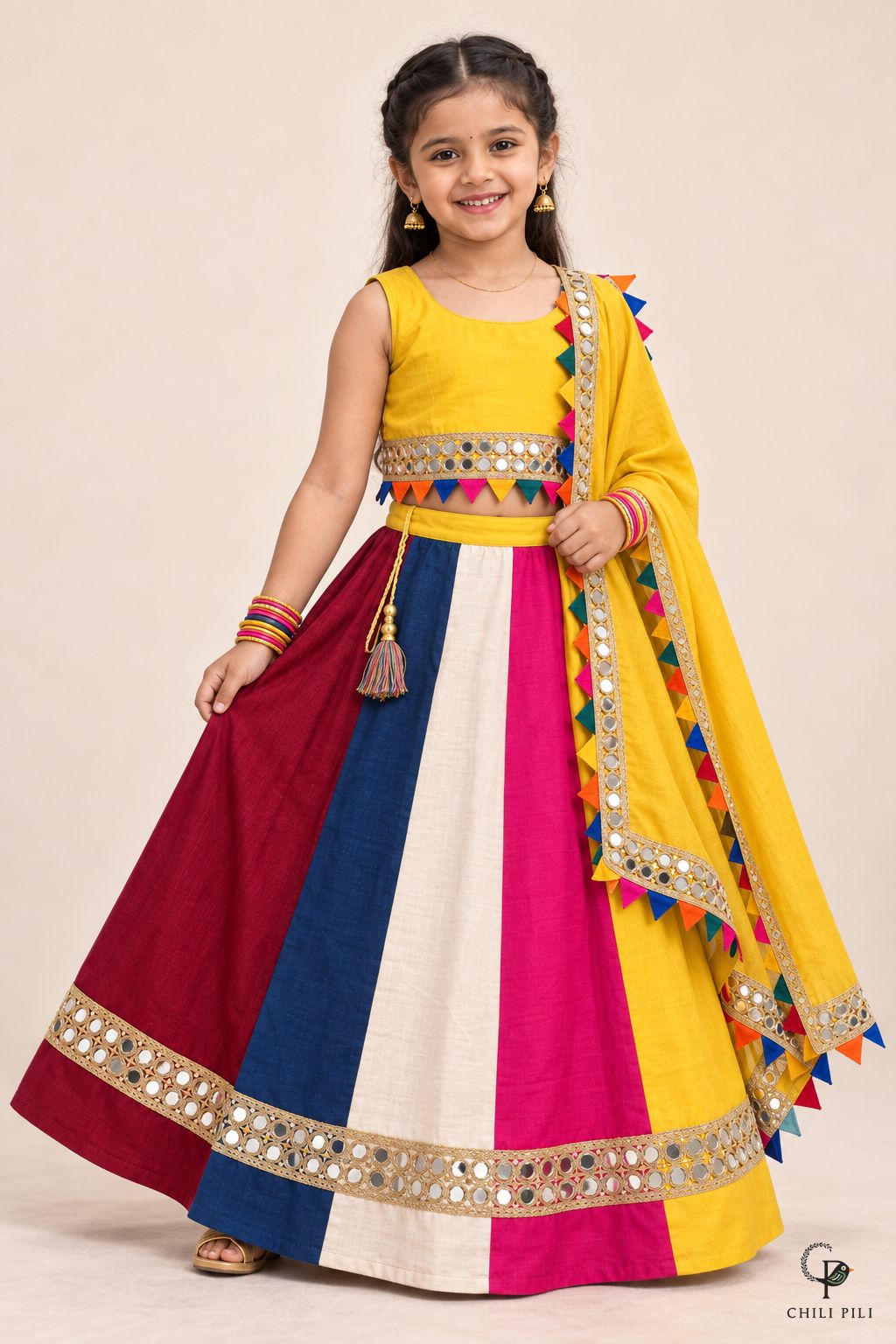 Girls Multicolour Panel Lehenga Choli Yellow - lifestyle movement shot