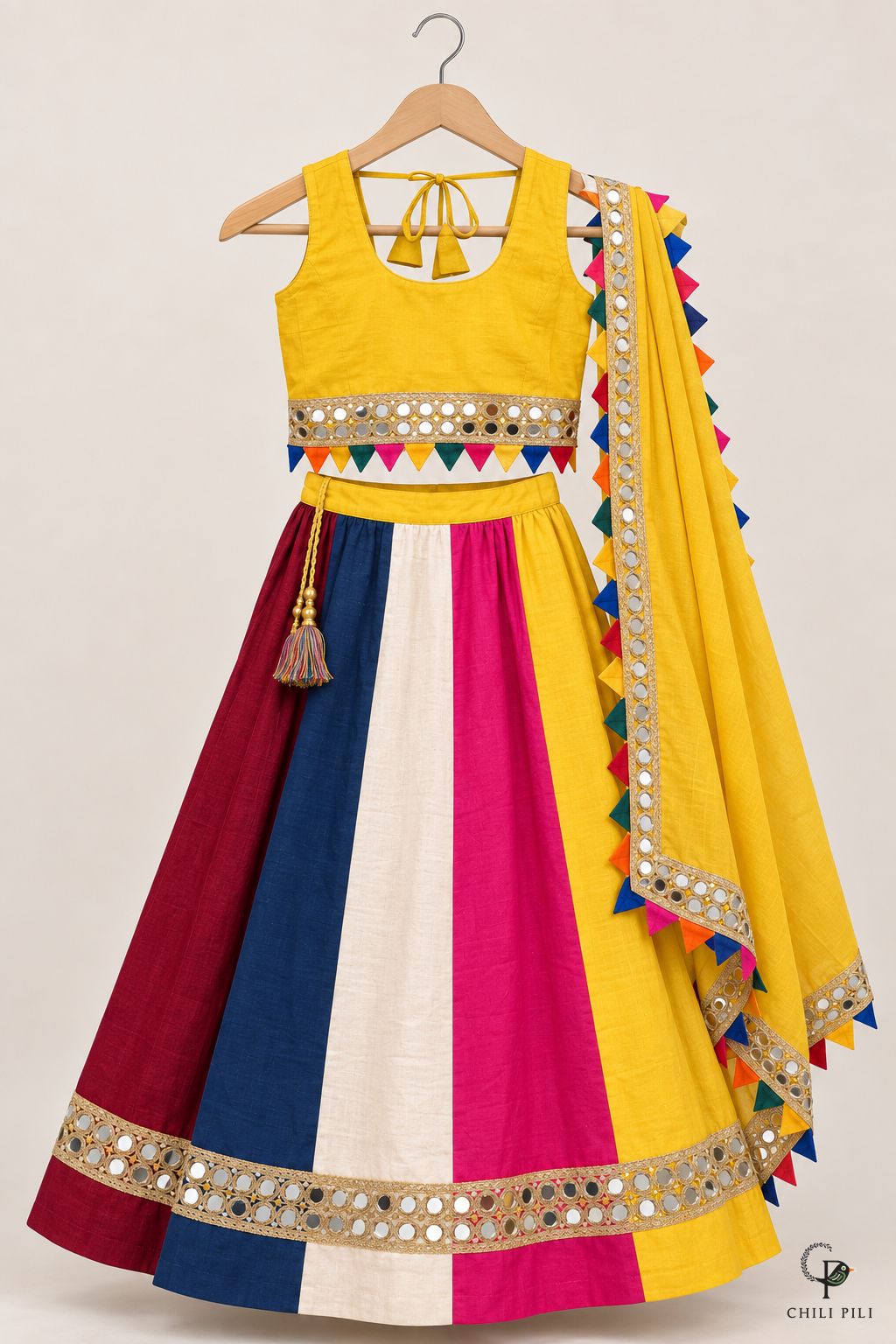 Girls Multicolour Panel Lehenga Choli Yellow - full set on hanger