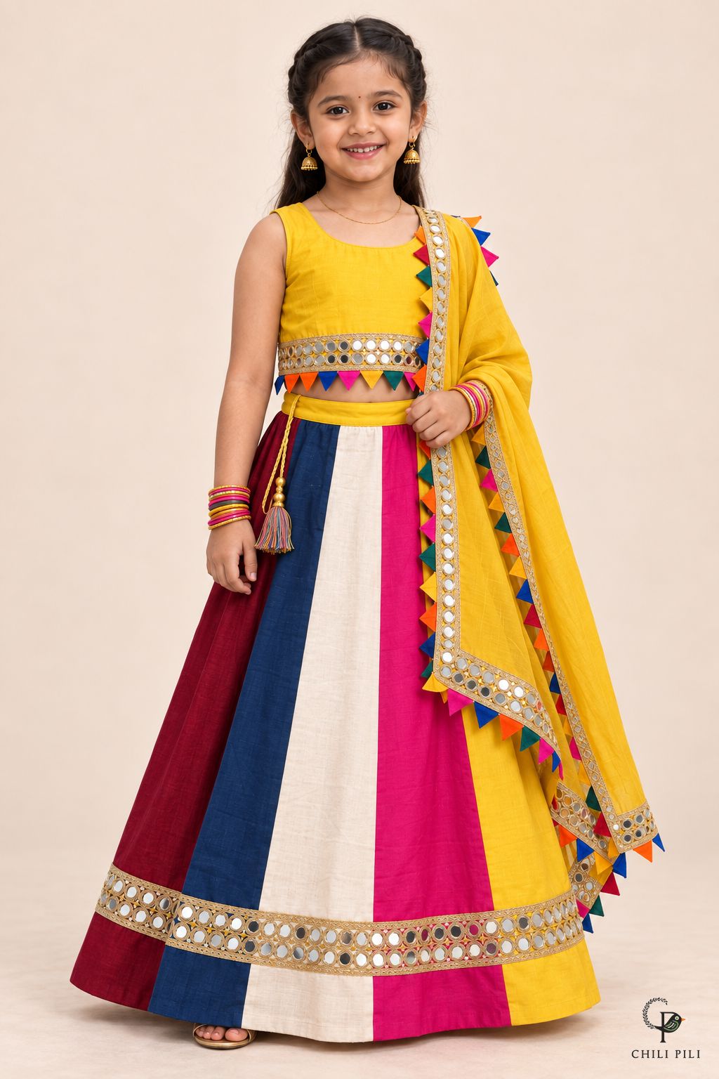 Girls Multicolour Panel Lehenga Choli Yellow - how the dupatta is worn