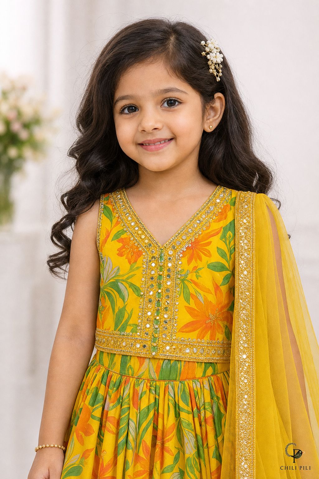 Girls Sequins Embroidered Lehenga Choli Yellow - close-up detail of top