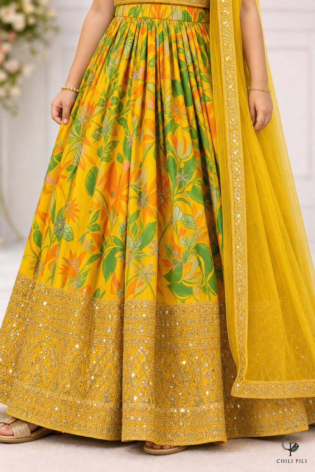 Girls Sequins Embroidered Lehenga Choli Yellow - close-up detail of bottom