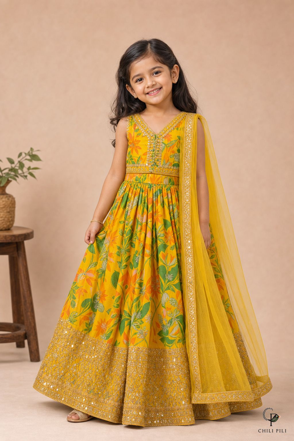 Girls Sequins Embroidered Lehenga Choli Yellow - festive lifestyle shot