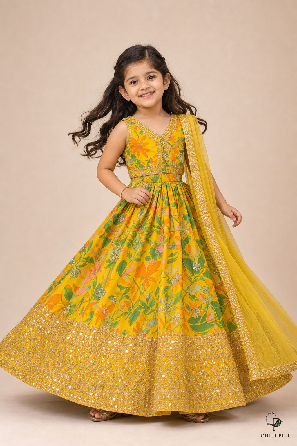 Girls Sequins Embroidered Lehenga Choli Yellow - lifestyle movement shot