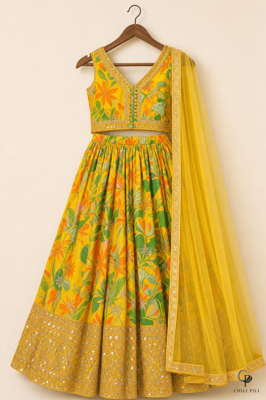 Girls Sequins Embroidered Lehenga Choli Yellow - full set on hanger